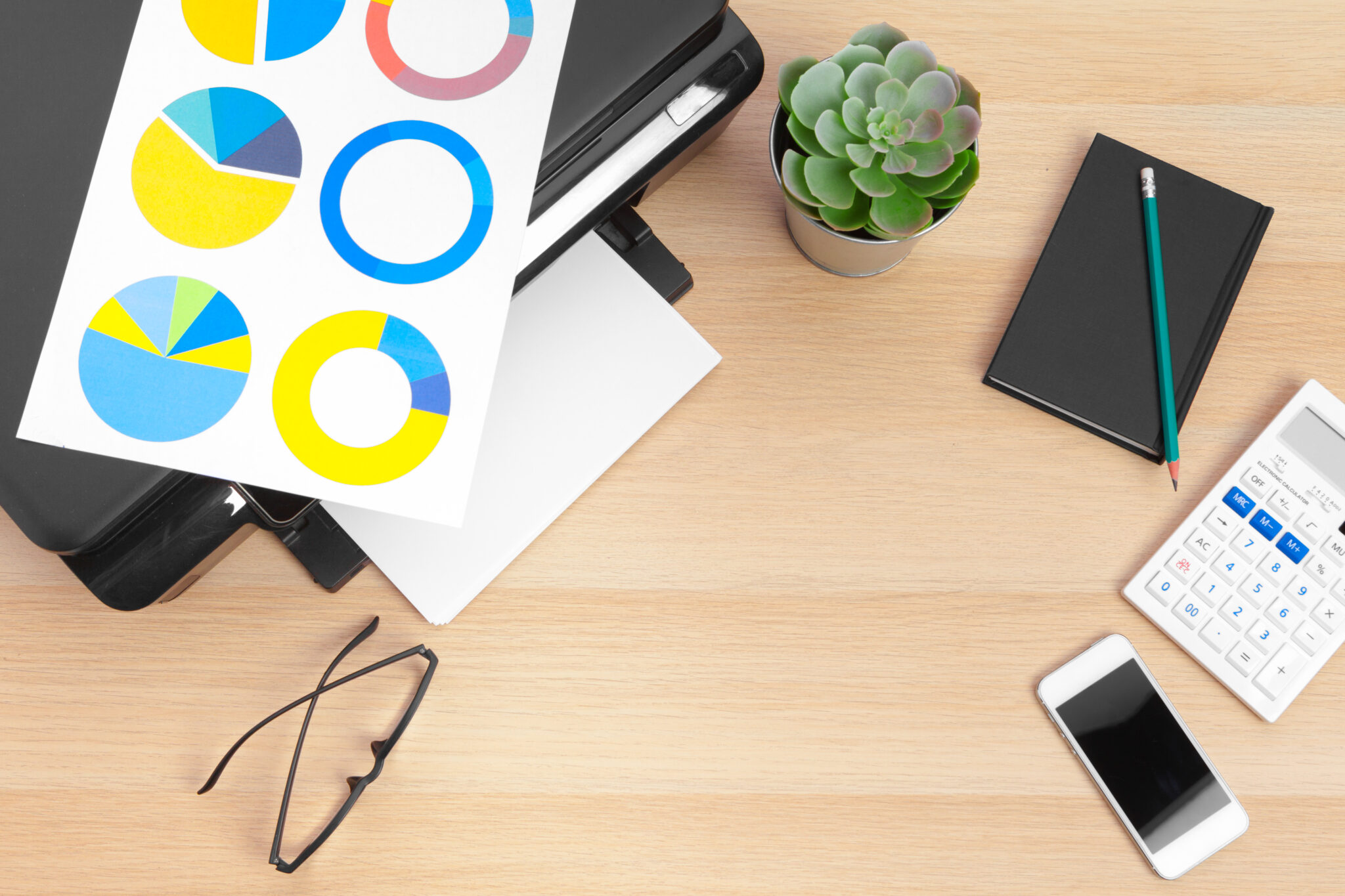 Working place of a business person. printer and other office supplies